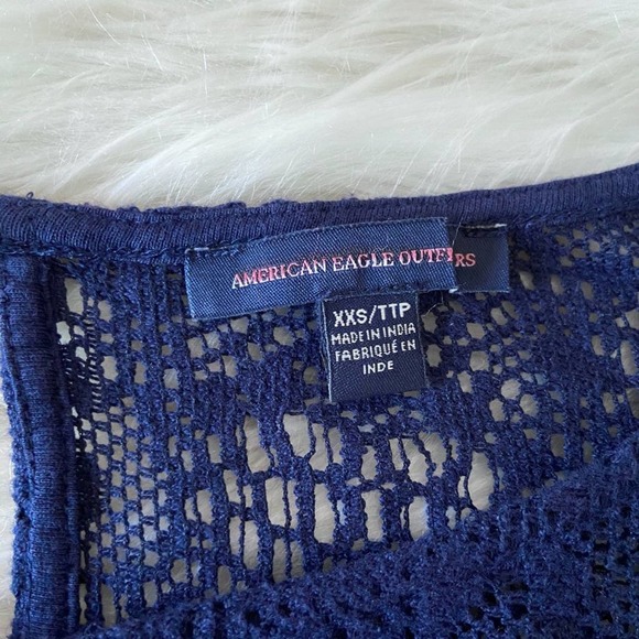 American Eagle Navy Blue Lace Crochet Bell Sleeve Croquette Mini Dress Sz XXS - Picture 7 of 10